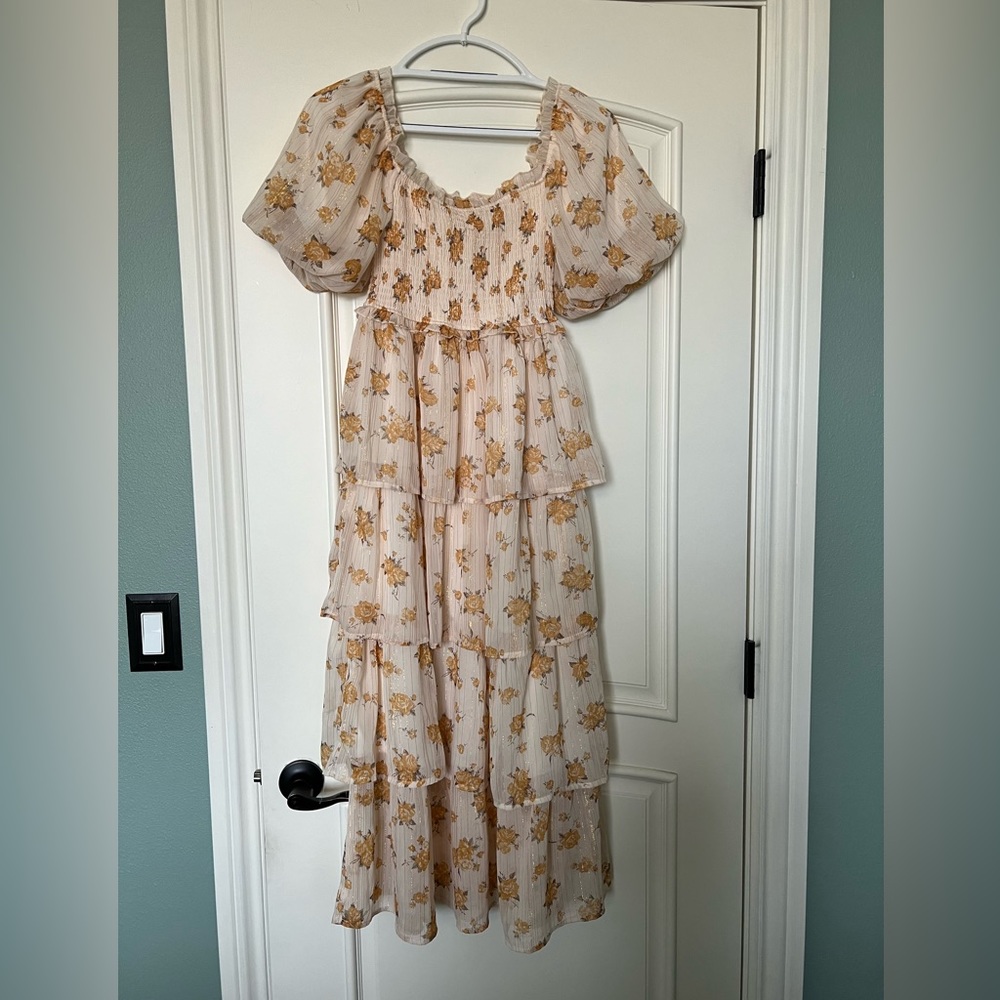 Altar’d State yellow floral midi dress smocked